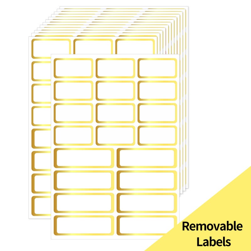 STARLIBOO Gold Labels Stickers, Removable Blank Labels Gold Border, Self-Adhesive Rectangular Stickers Water/Oil/Tear Resistant for Storage, Classroom, Home (2 Size, 300 Sheet) - Image 1